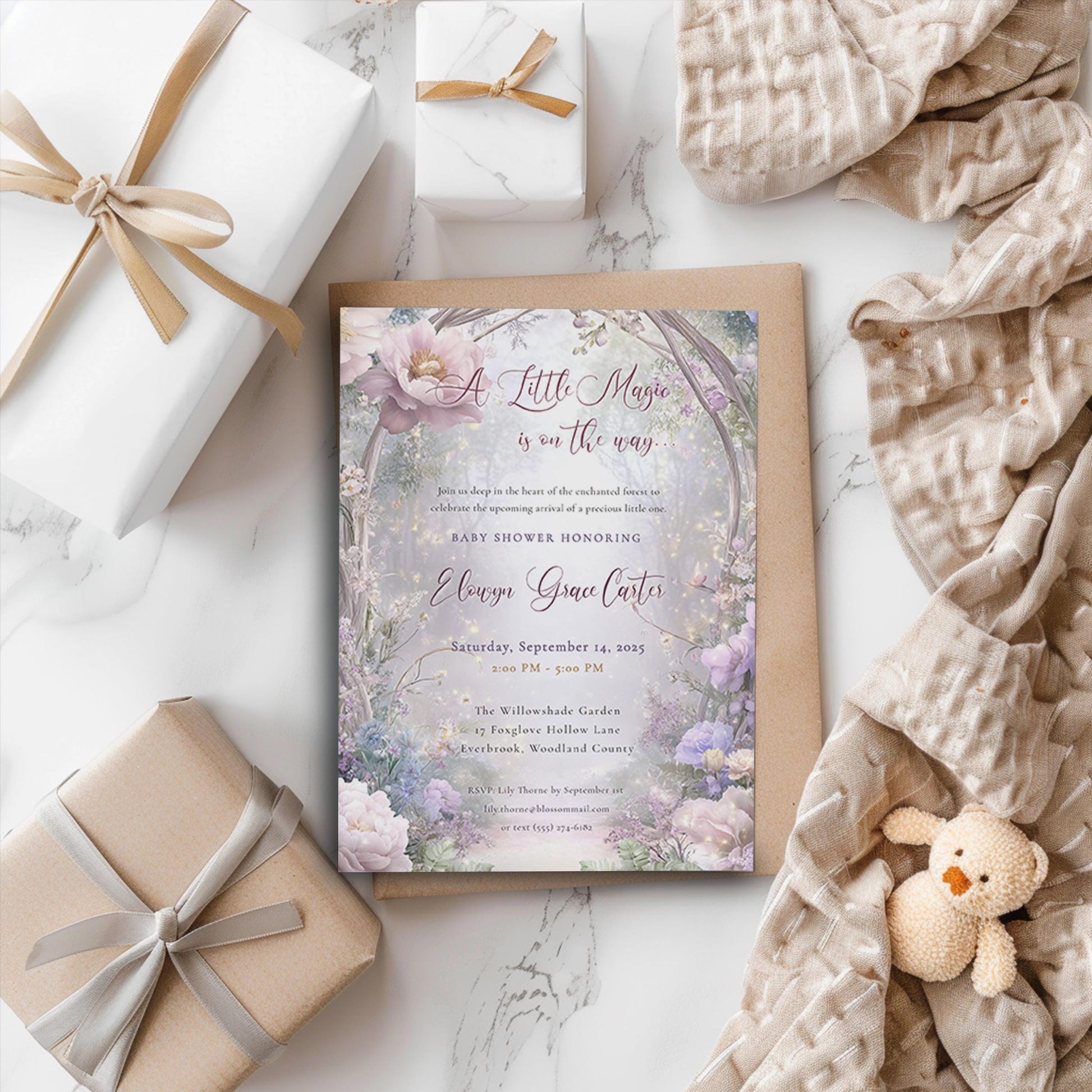 Baby Shower Invitation – Editable Garden Template With Magical Fairy Lights