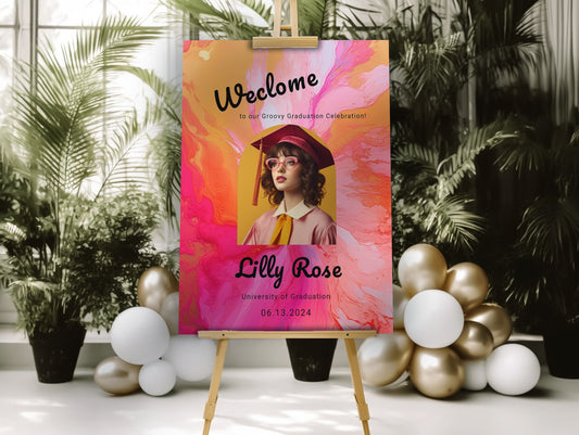 Groovy Retro Graduation Welcome Sign | Hot Pink Orange | Photo Arch | 18×24 / 24×36 | Editable Template