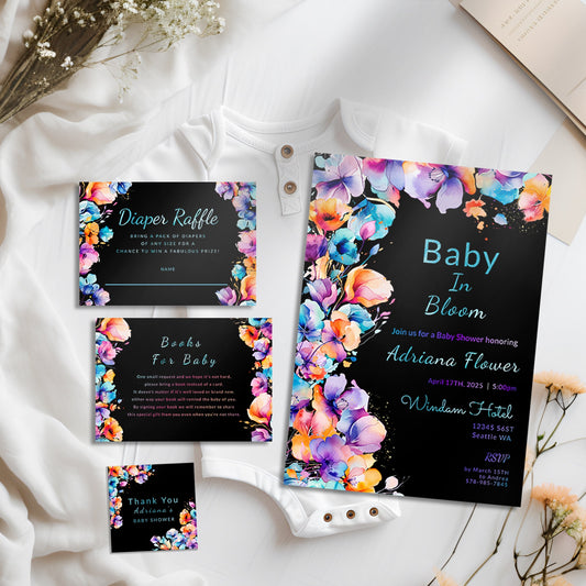 Baby In Bloom Black Floral Baby Shower Invitation Set Template | Editable Boho Wildflower Bundle | Elegant Digital Download