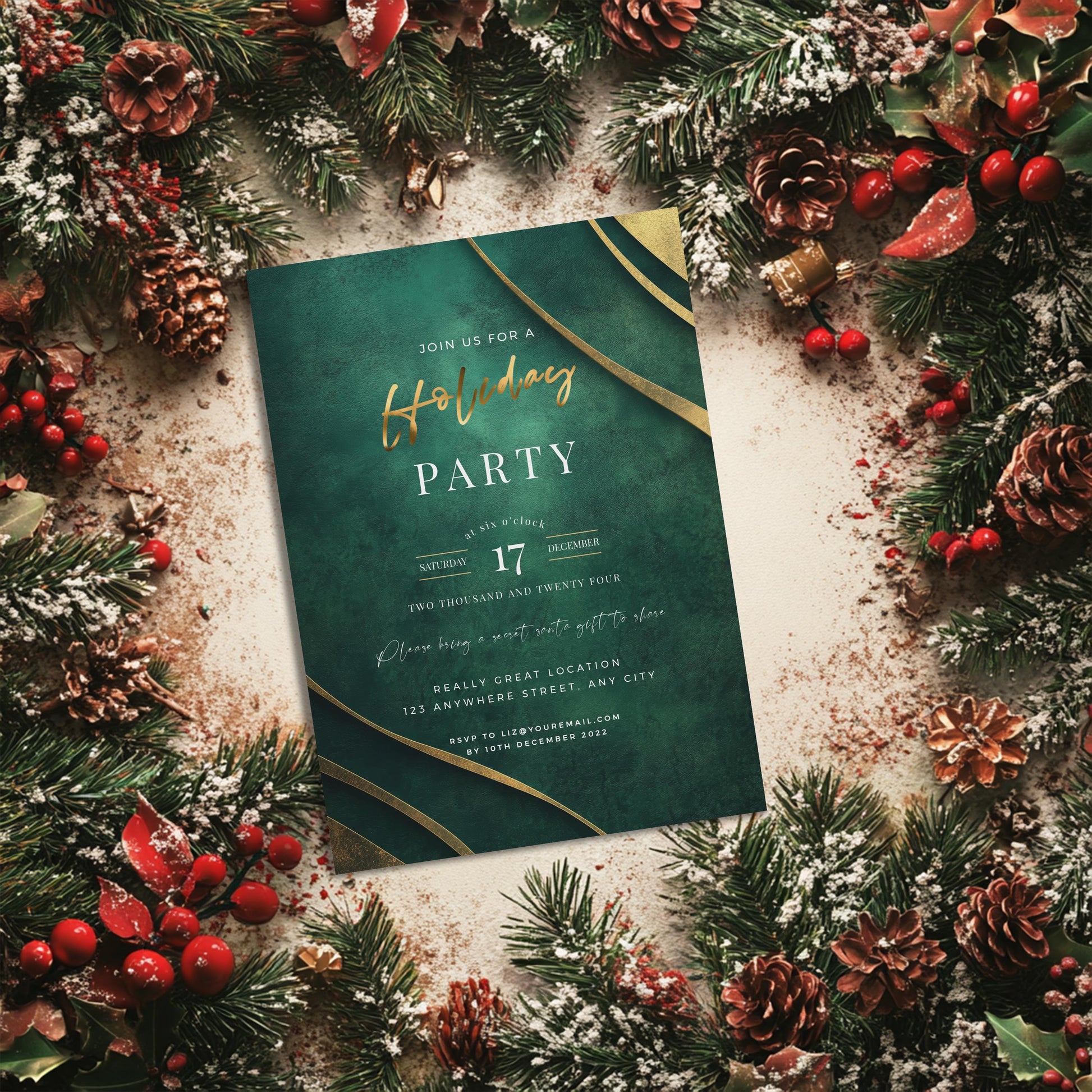 Emerald Green and Gold Christmas Holiday Party Invite 5x7 - Instant Download,  Formal party invitation