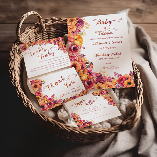 Hot Pink & Orange Baby Shower Bundle | Floral Editable Templates