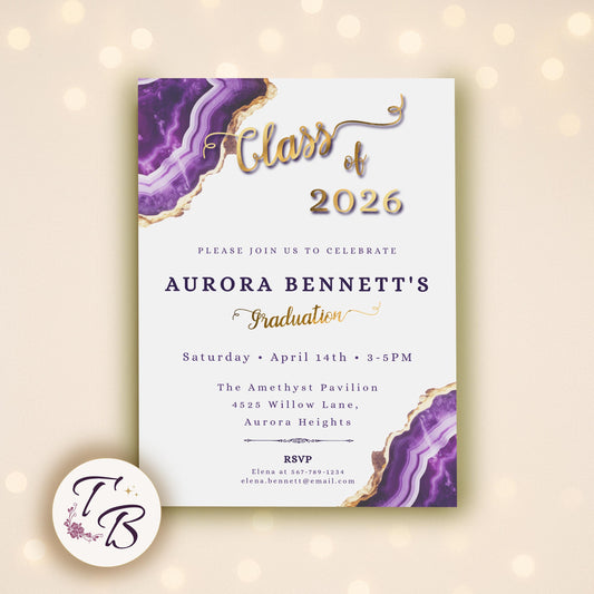 Graduation Invitation | Editable Purple Geode Invite With Gold Foil Design