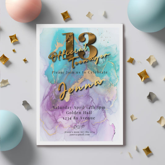 Teal & Gold 13th Birthday Invitation Template (Digital Download)