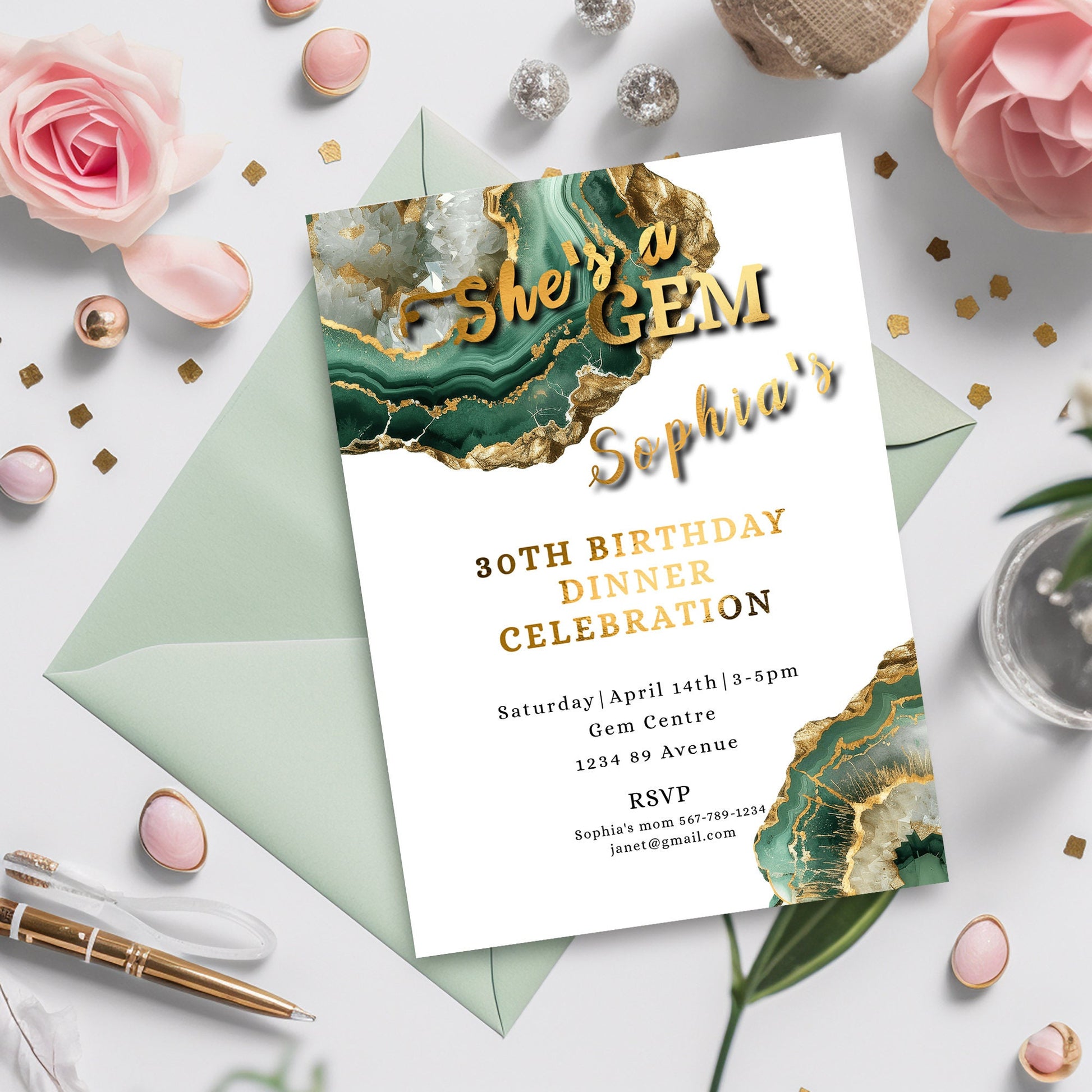 Green & Gold Geode Birthday Invitation | Elegant Crystal Party Template | Editable 5x7 Digital Download