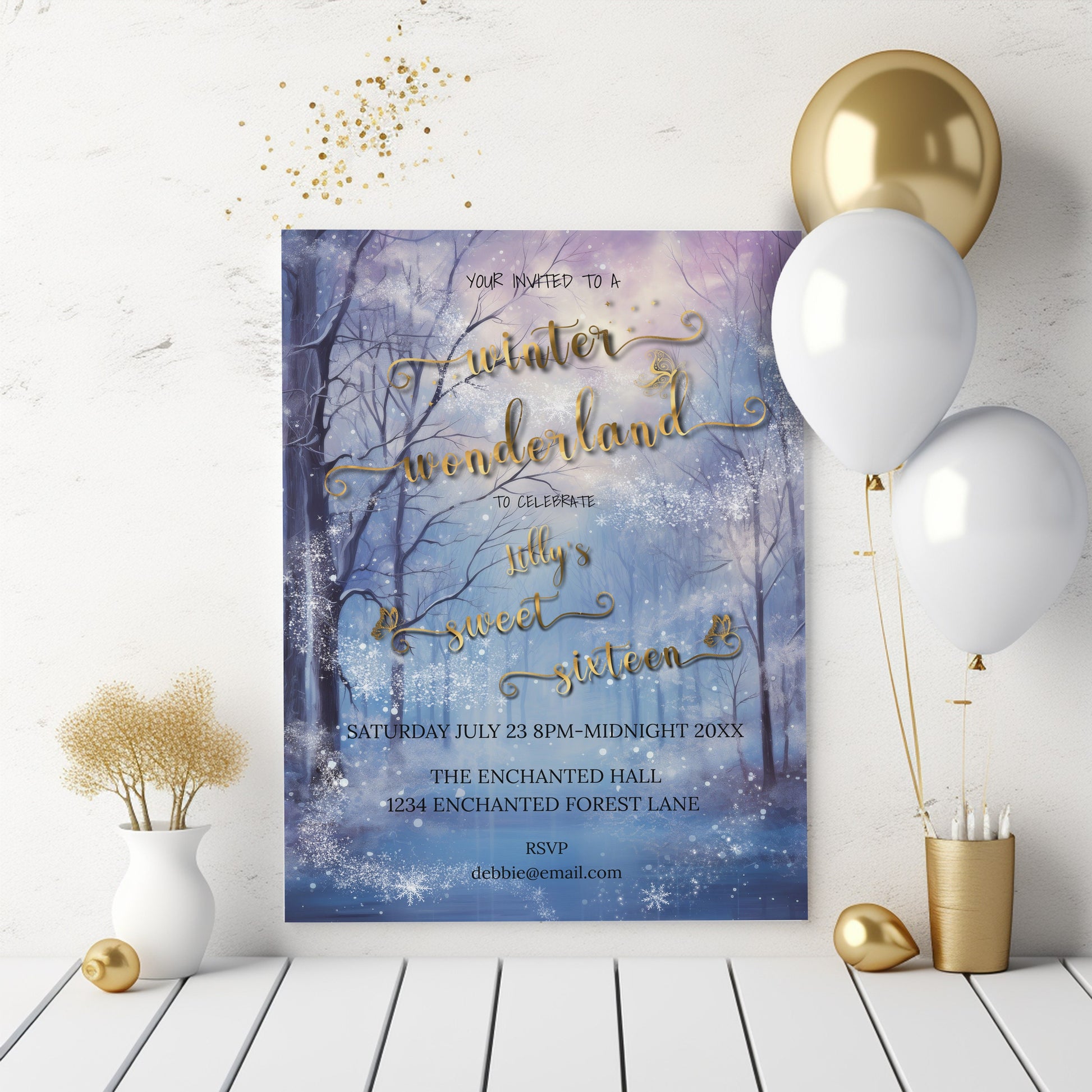 Winter Wonderland Sweet 16 Invitation | Editable Party Template