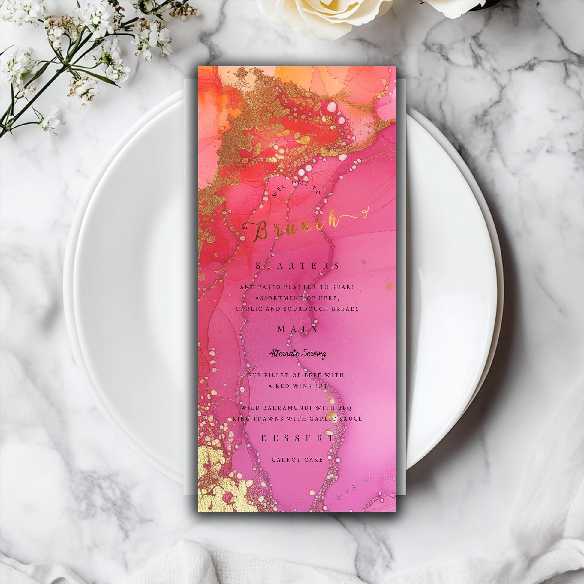 Editable Brunch Menu - Printable 4x9 Inch Template | Gold Foil Lettering Invite