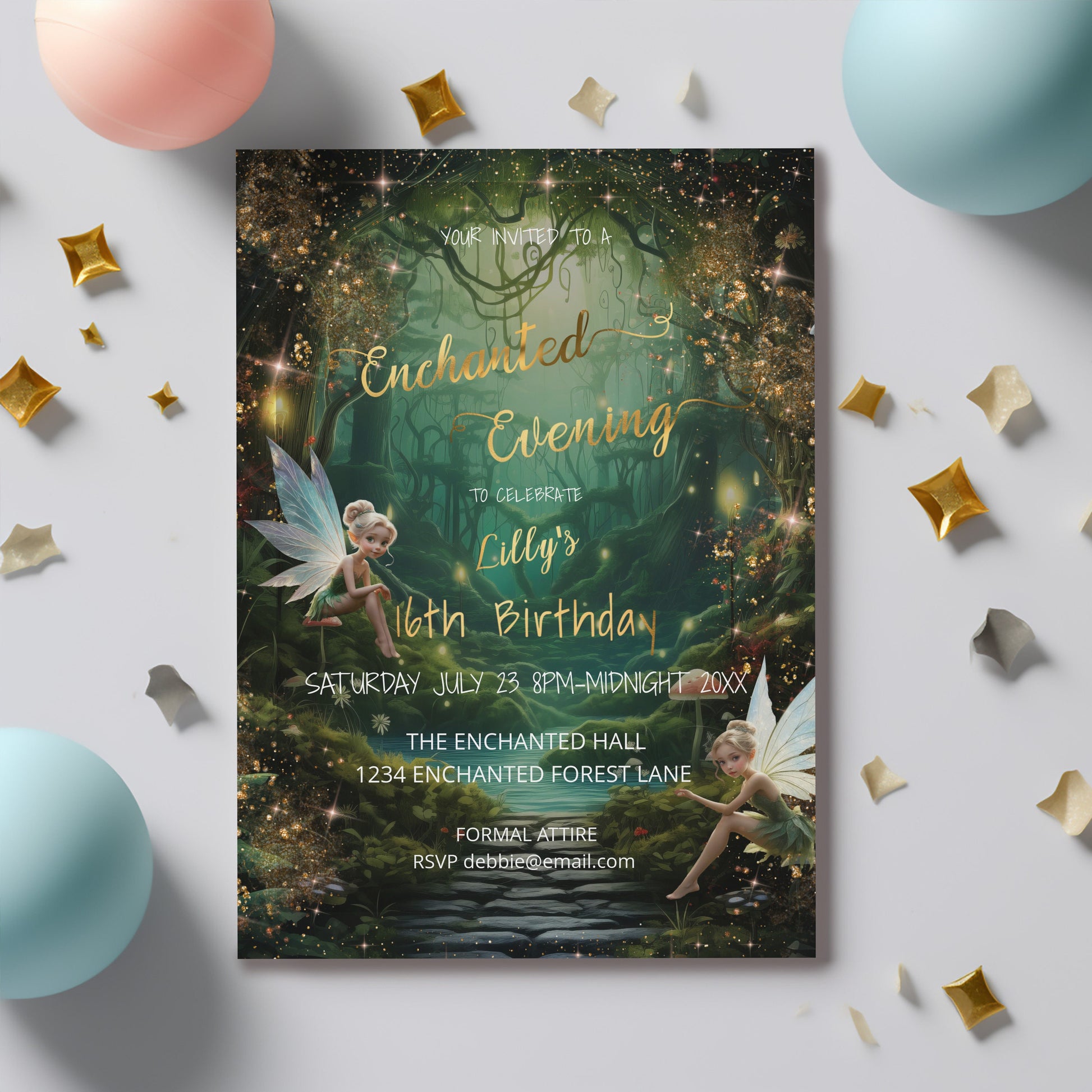 Emerald Green Enchanted Forest Sweet 16 Invitation – Fairytale Editable Template