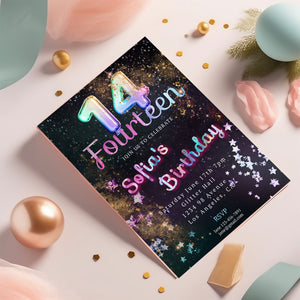 Rainbow Foil 14th Birthday Invitation: Editable Teen Evite (Thank You Tag)