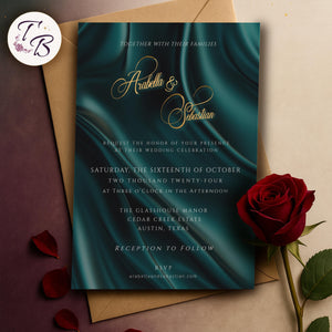 Teal Gold Wedding Invitation - Editable Printable 5x7 Card with Gold Foil Lettering