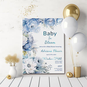 Dusty Blue Floral Baby Shower Invitation | Editable 5x7 Template | Watercolor Digital Download
