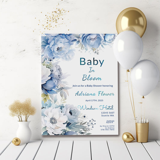 Dusty Blue Floral Baby Shower Invitation | Editable 5x7 Template | Watercolor Digital Download