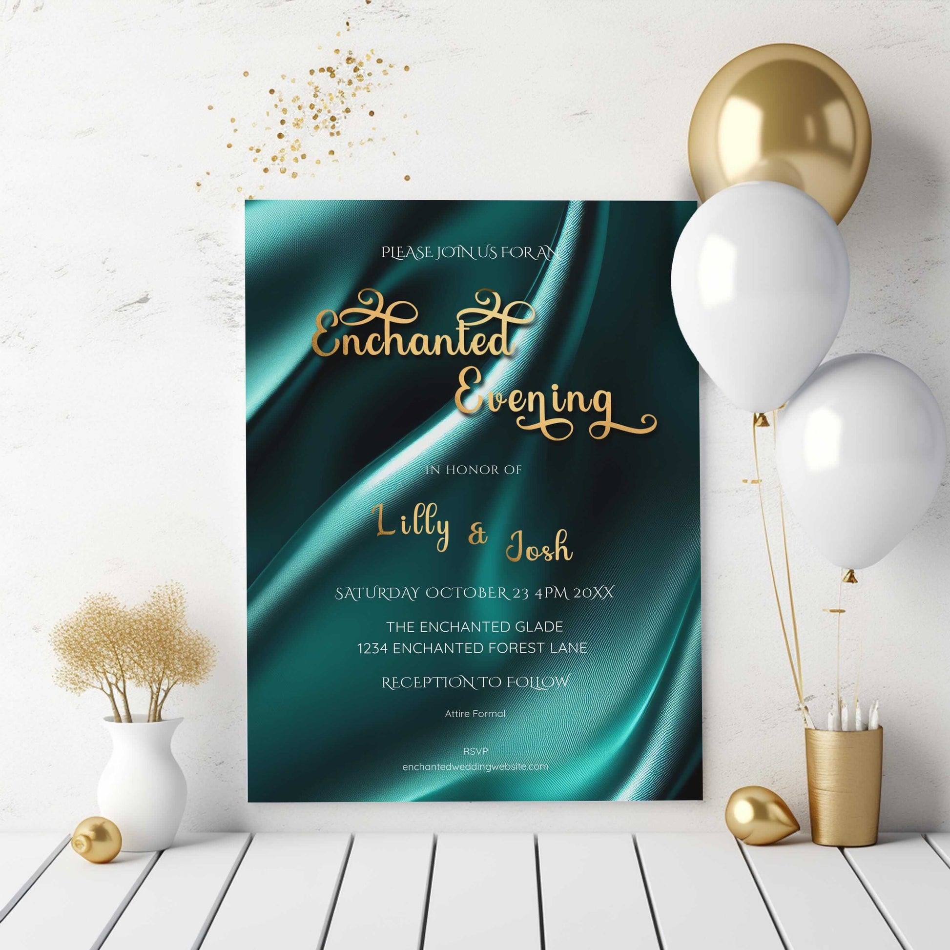 Teal & Gold Wedding Invitation | Elegant Enchanted Evening Template | Editable 5x7 Digital Download