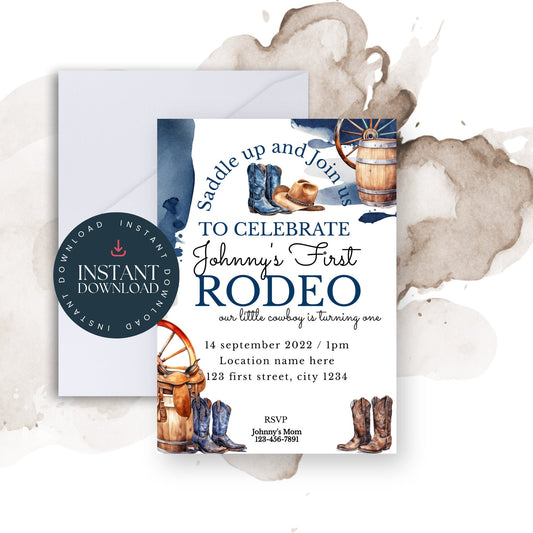 1st Rodeo Birthday Invitation Template: Western Cowboy Party (Digital Download)