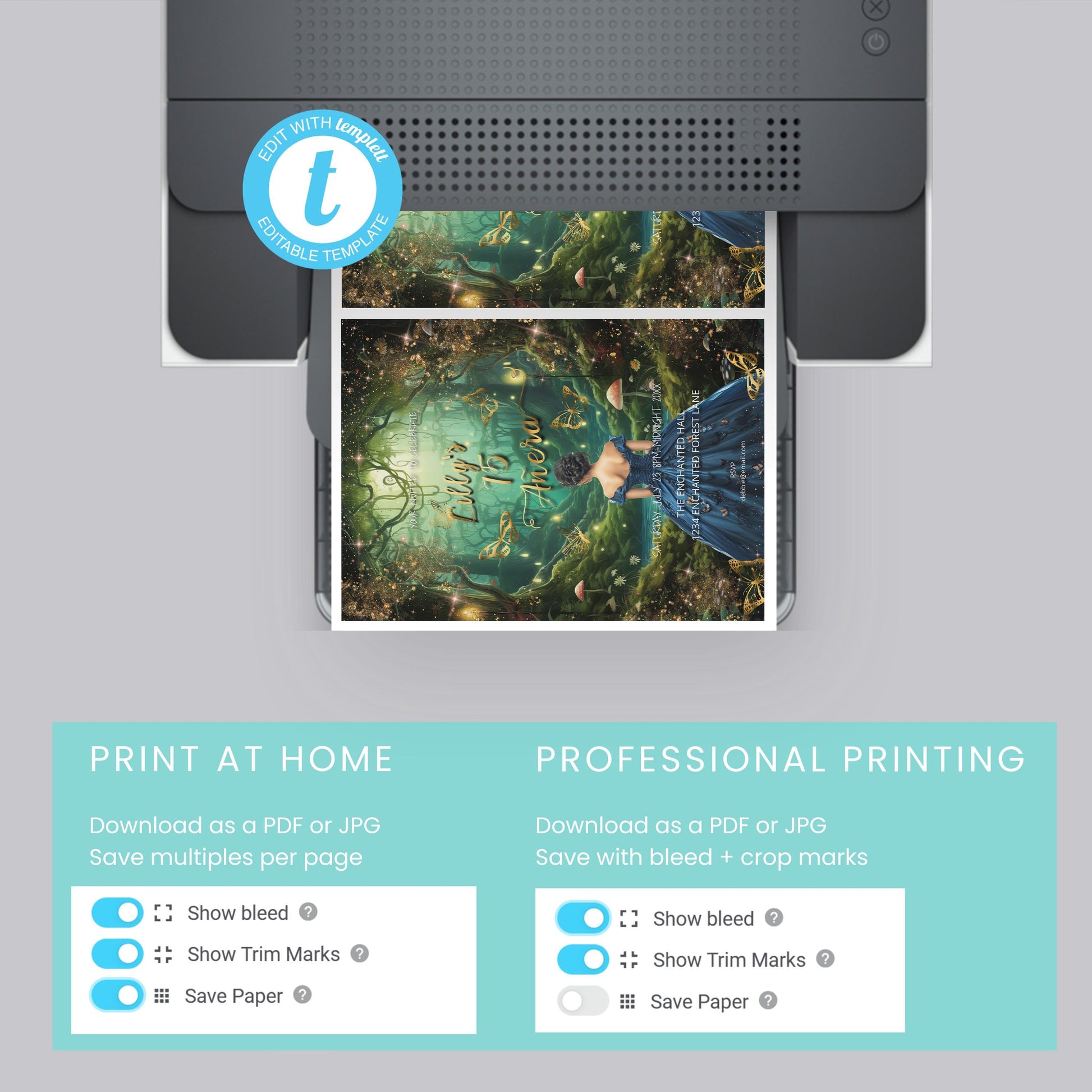 Enchanted Forest Quinceañera Invitation | Fairytale Editable Template