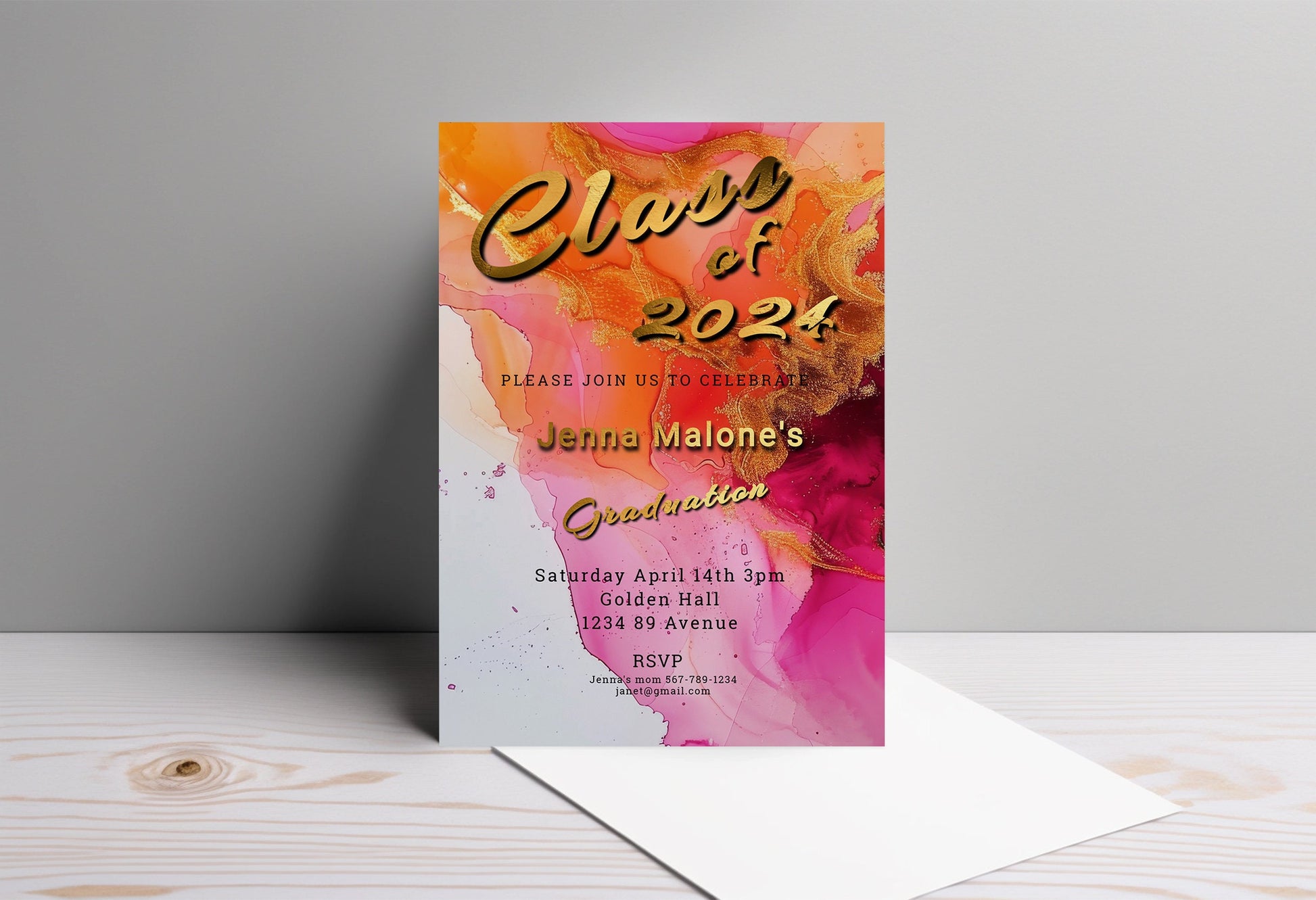 Hot Pink Graduation Invitation – Editable 5x7 Inch Gold Foil Lettering Invite