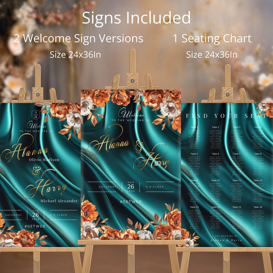 Terracotta Teal Wedding Welcome Sign Template Bundle | Editable Digital Event Stationery | Elegant Floral Theme Evite | Instant Download
