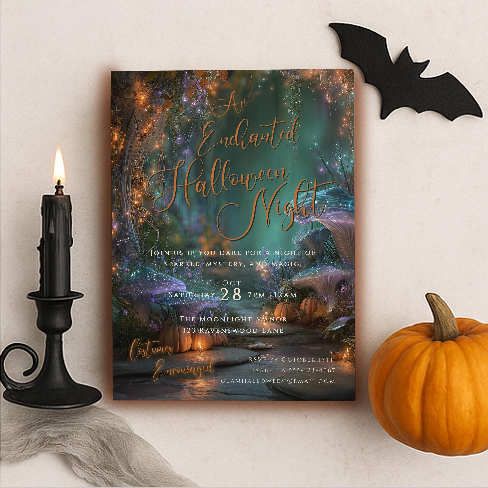 Halloween Party Invitation – Editable Pumpkin Template | Glam Enchanted Forest Invite