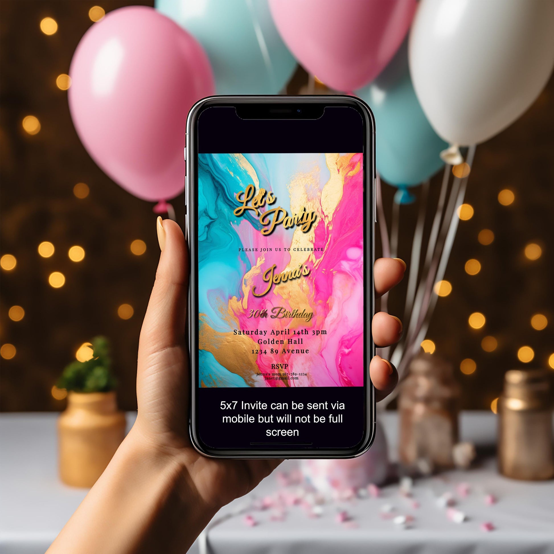 Hot Pink, Teal & Gold Birthday Editable Invitation 5x7in -brunch invite-Editable, Printable - style