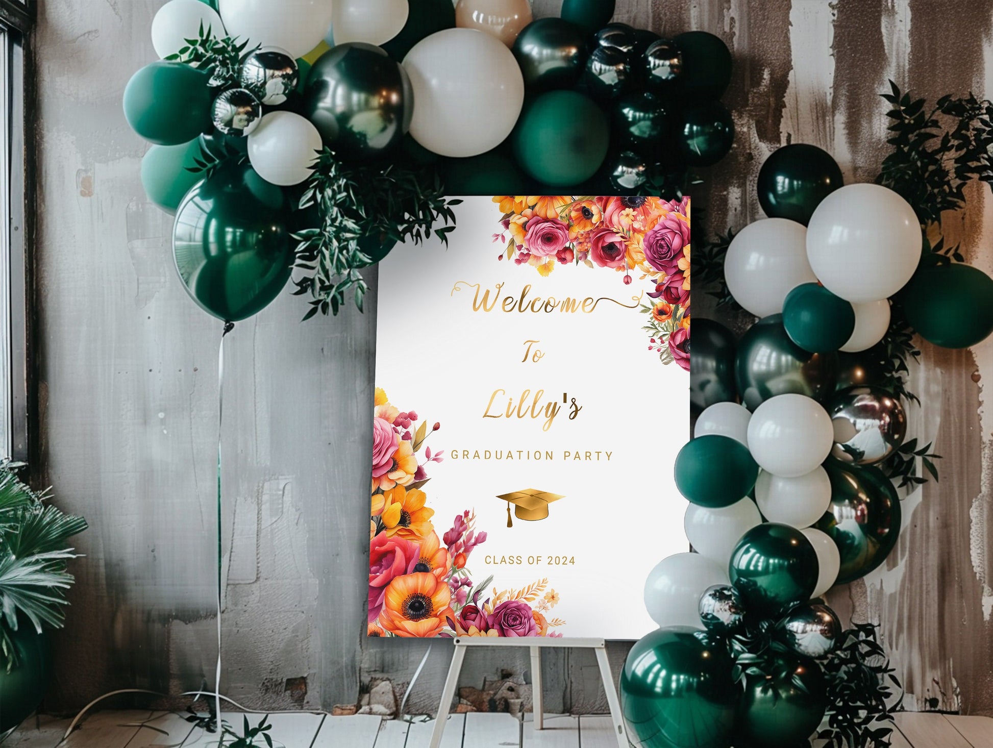 Floral Graduation Welcome Sign: Hot Pink & Gold (Editable Template)