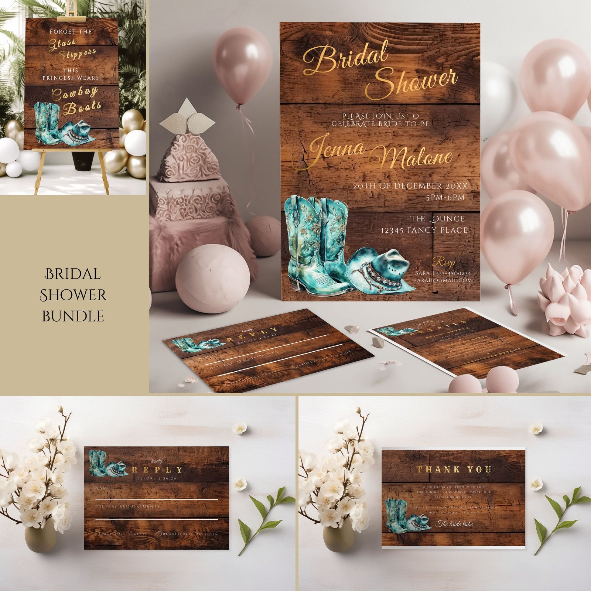 Teal Cowgirl Bridal Shower Invitation Bundle | Rustic Western Editable Templates