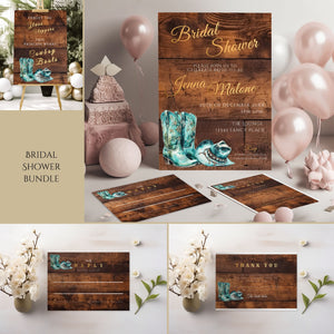 Teal Cowgirl Bridal Shower Invitation Bundle | Rustic Western Editable Templates