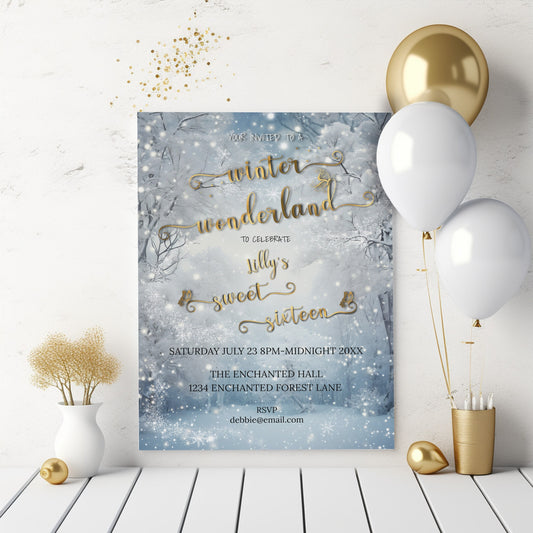 Winter Wonderland Sweet 16 Invitation – Enchanted Forest Editable Template