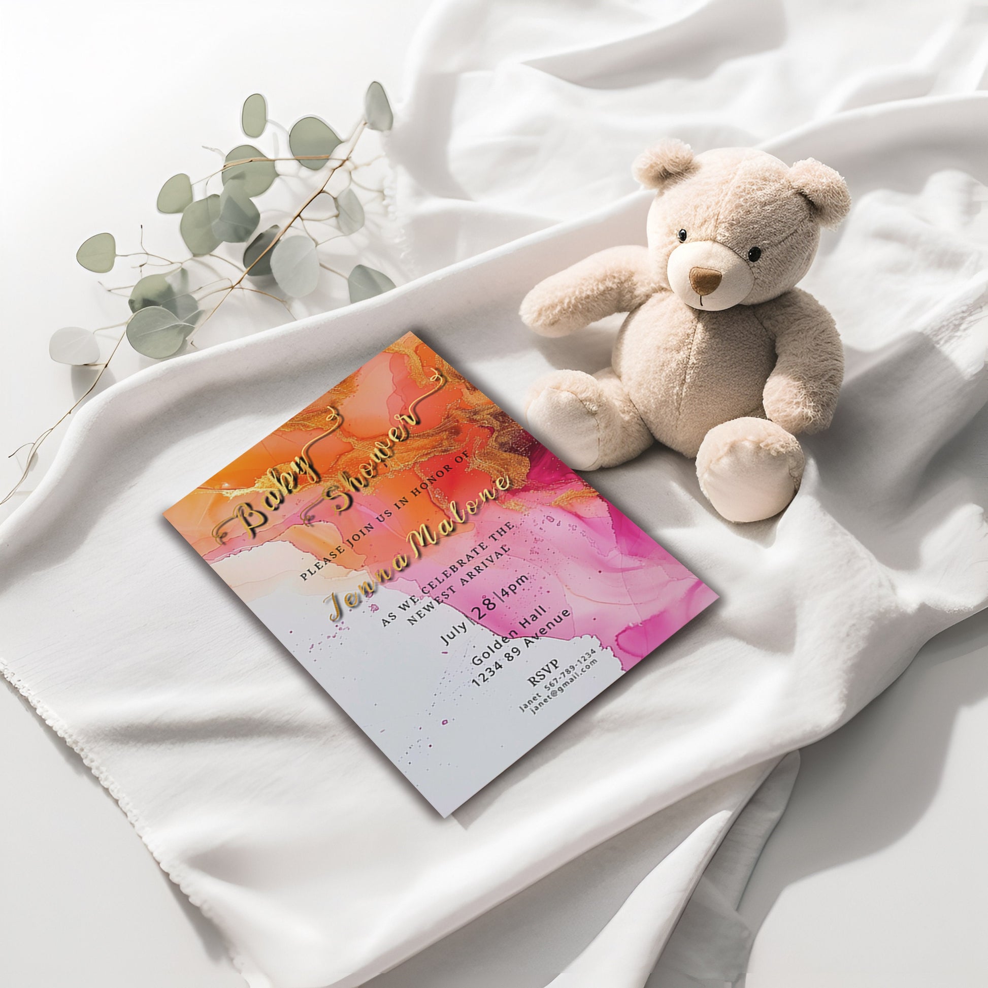 Hot Pink Floral Baby Shower Invitation – Alcohol Ink Editable Template