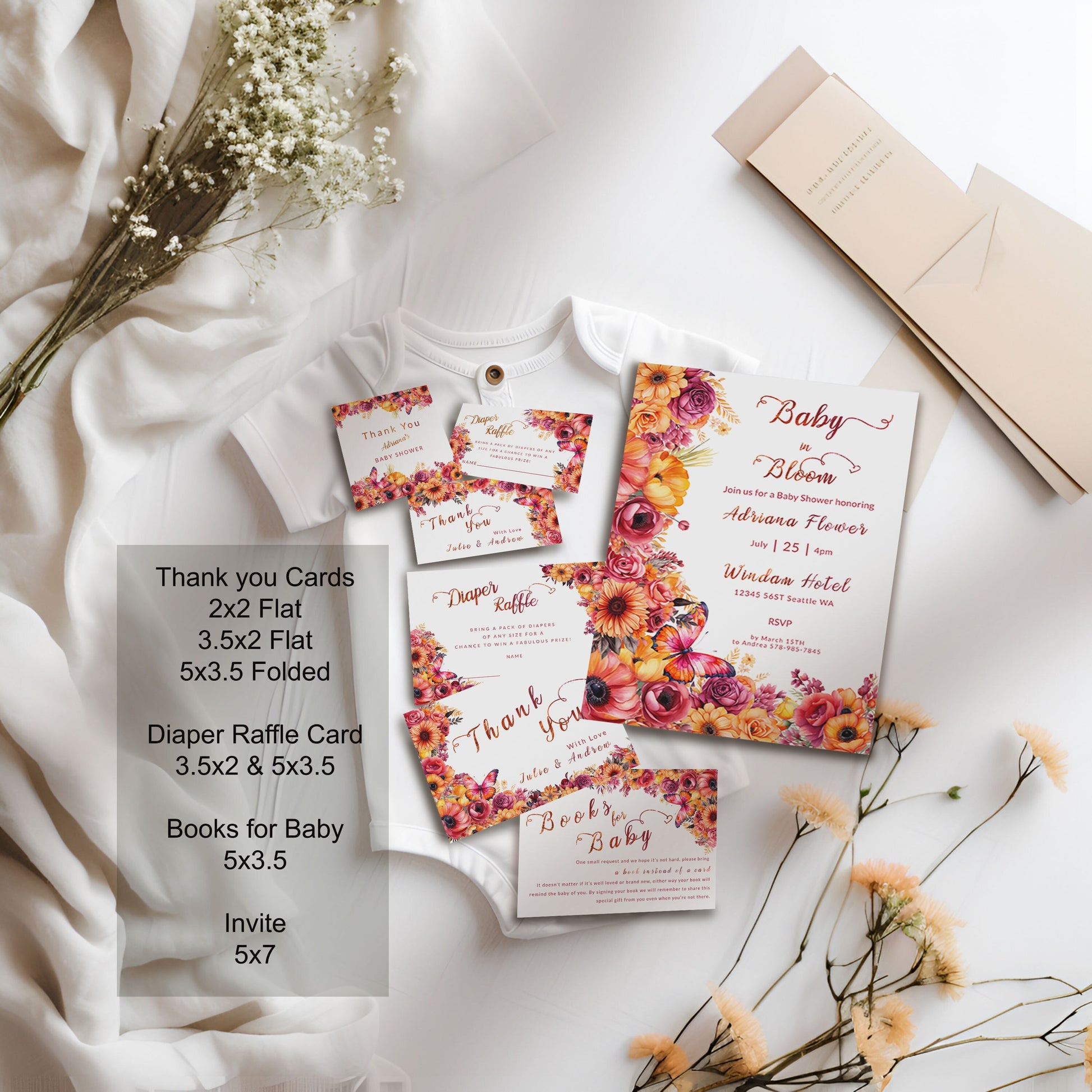 Hot Pink & Orange Baby Shower Bundle | Floral Editable Templates