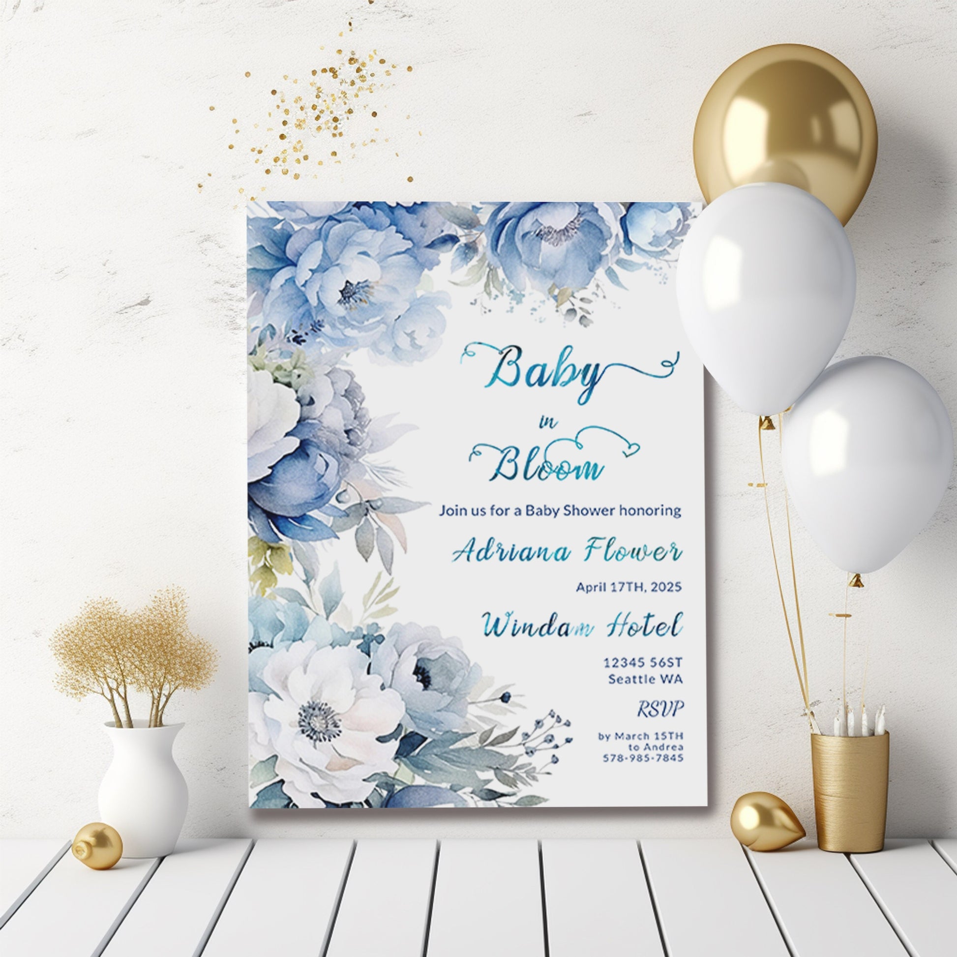 Dusty Blue Floral Baby Shower Invitation | Editable Template | Watercolor Digital Download