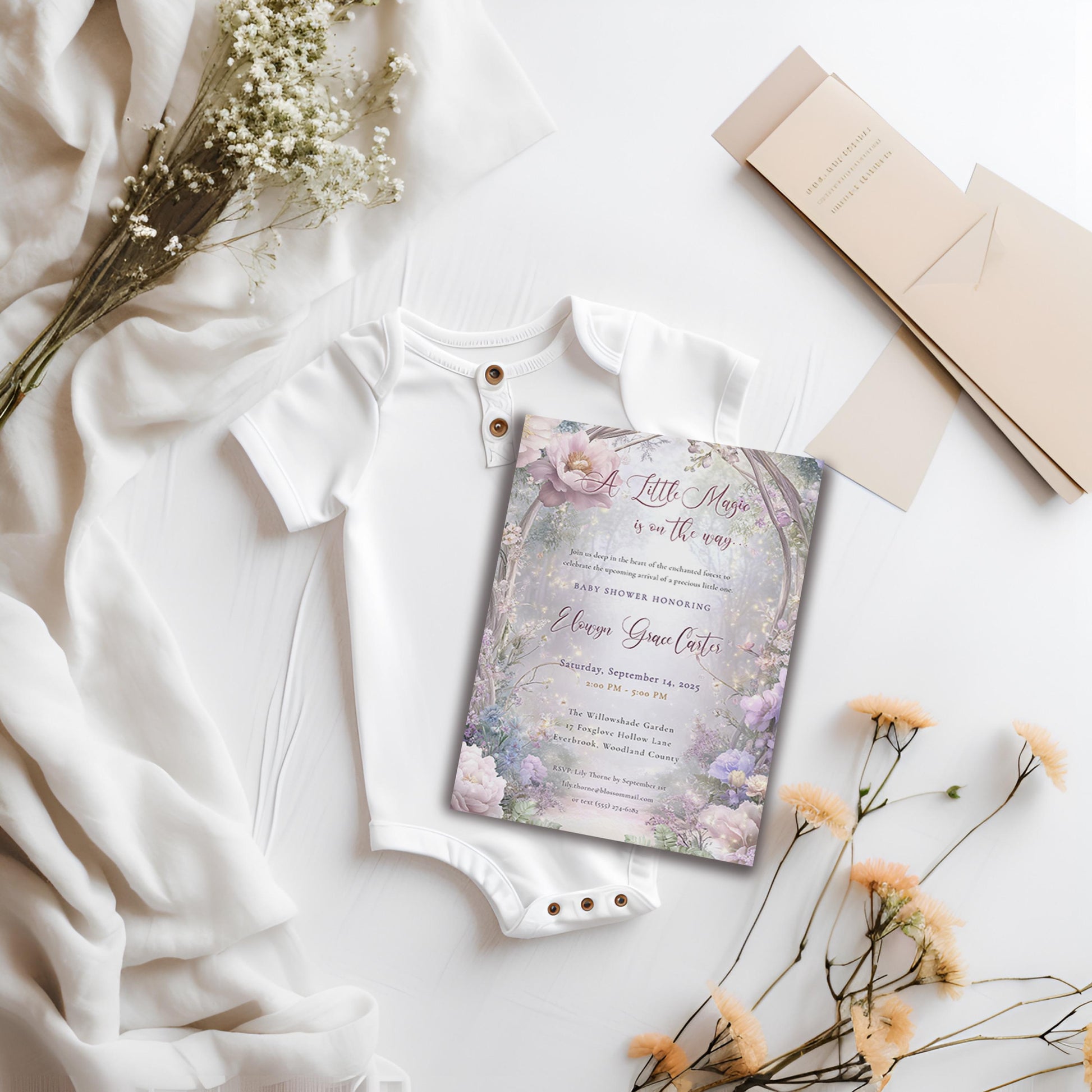Baby Shower Invitation – Editable Garden Template With Magical Fairy Lights