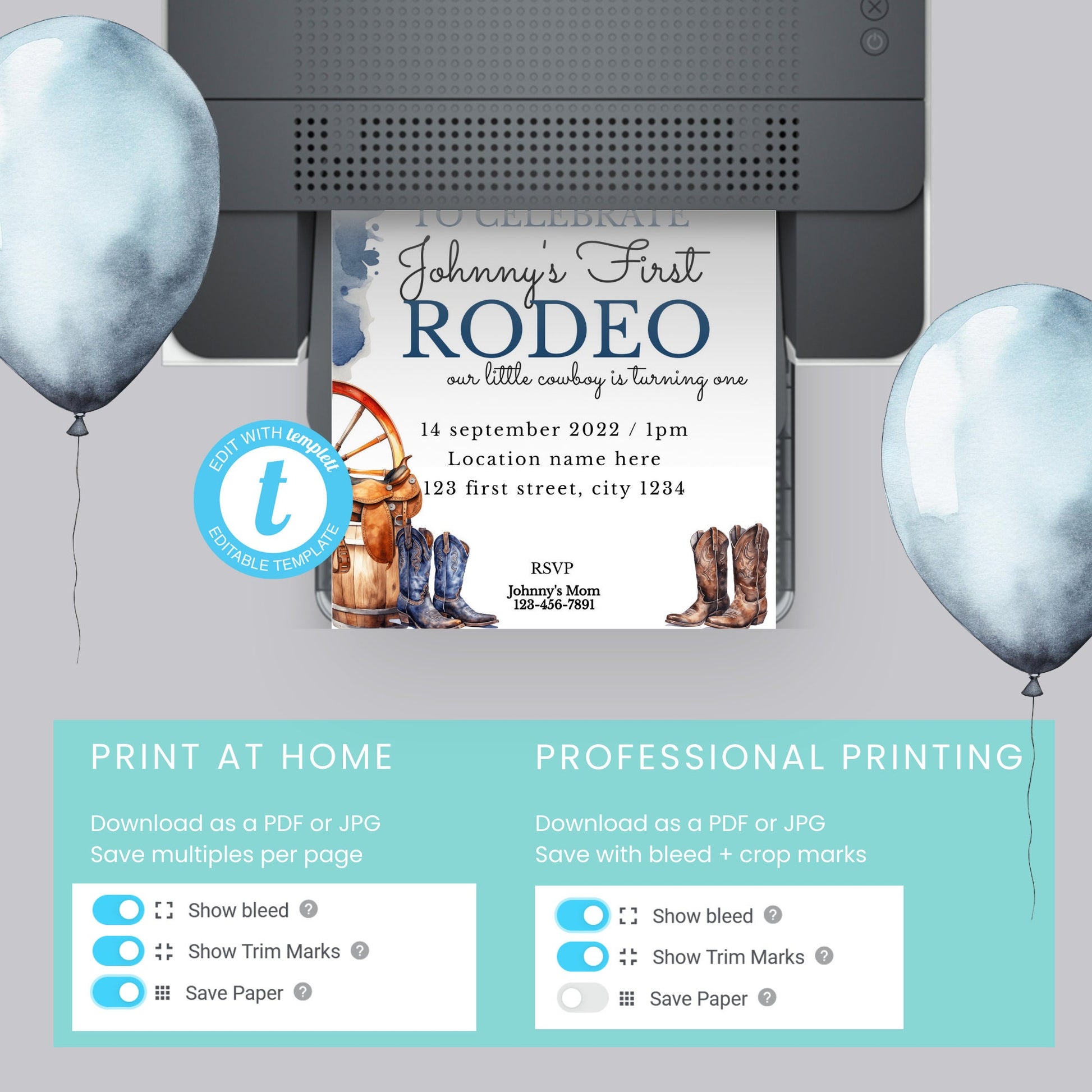 1st Rodeo Birthday Invitation Template: Western Cowboy Party (Digital Download)