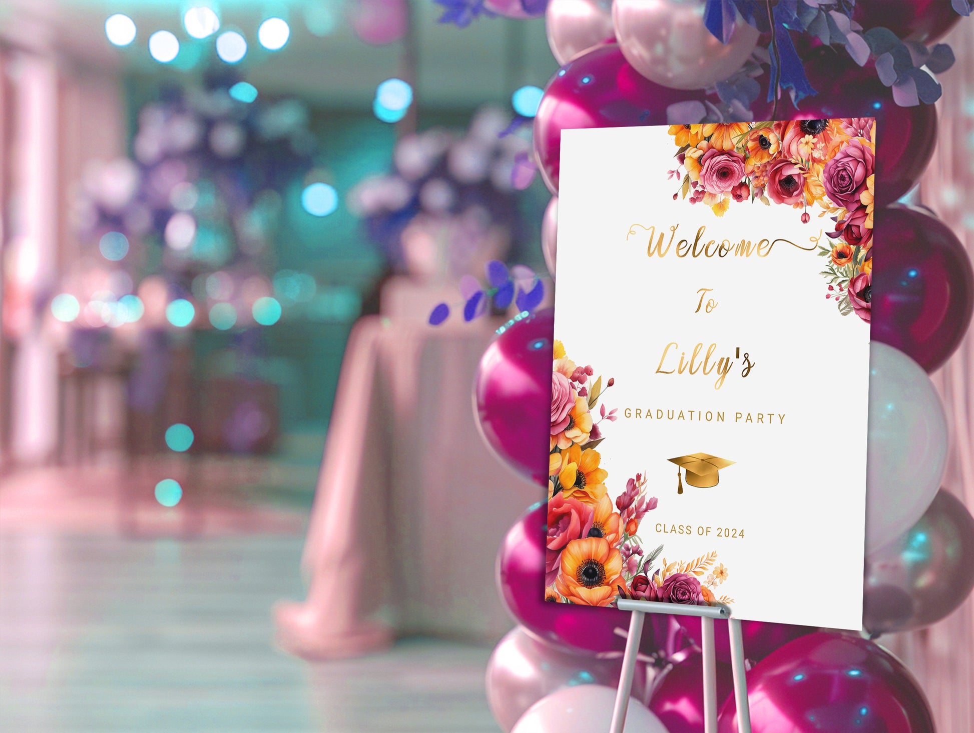 Floral Graduation Welcome Sign: Hot Pink & Gold (Editable Template)