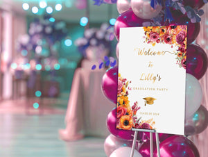 Floral Graduation Welcome Sign: Hot Pink & Gold (Editable Template)