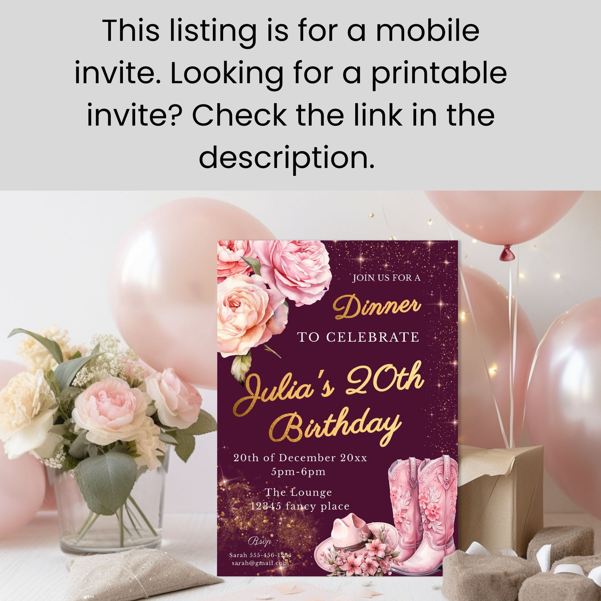 Pink Cowgirl Birthday Mobile Invite: Gold Foil, Thank You Note (Editable Template)