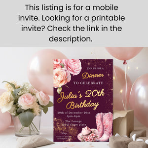 Pink Cowgirl Birthday Mobile Invite: Gold Foil, Thank You Note (Editable Template)