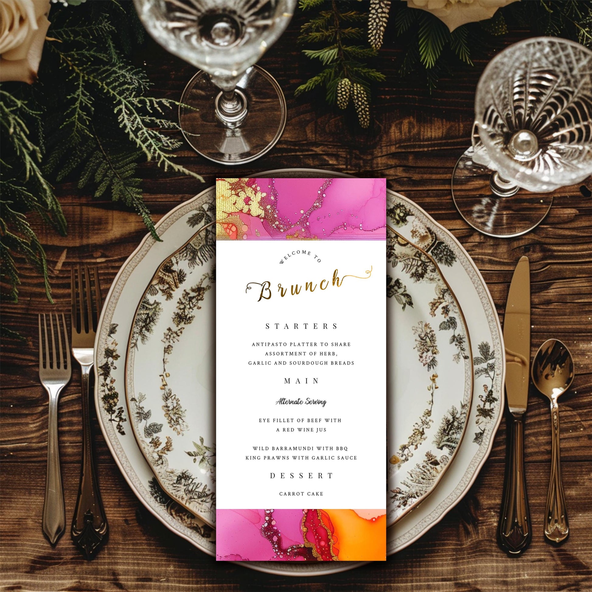 Hot Pink & Orange Brunch Menu Template – Editable Party Design | Fiesta Theme