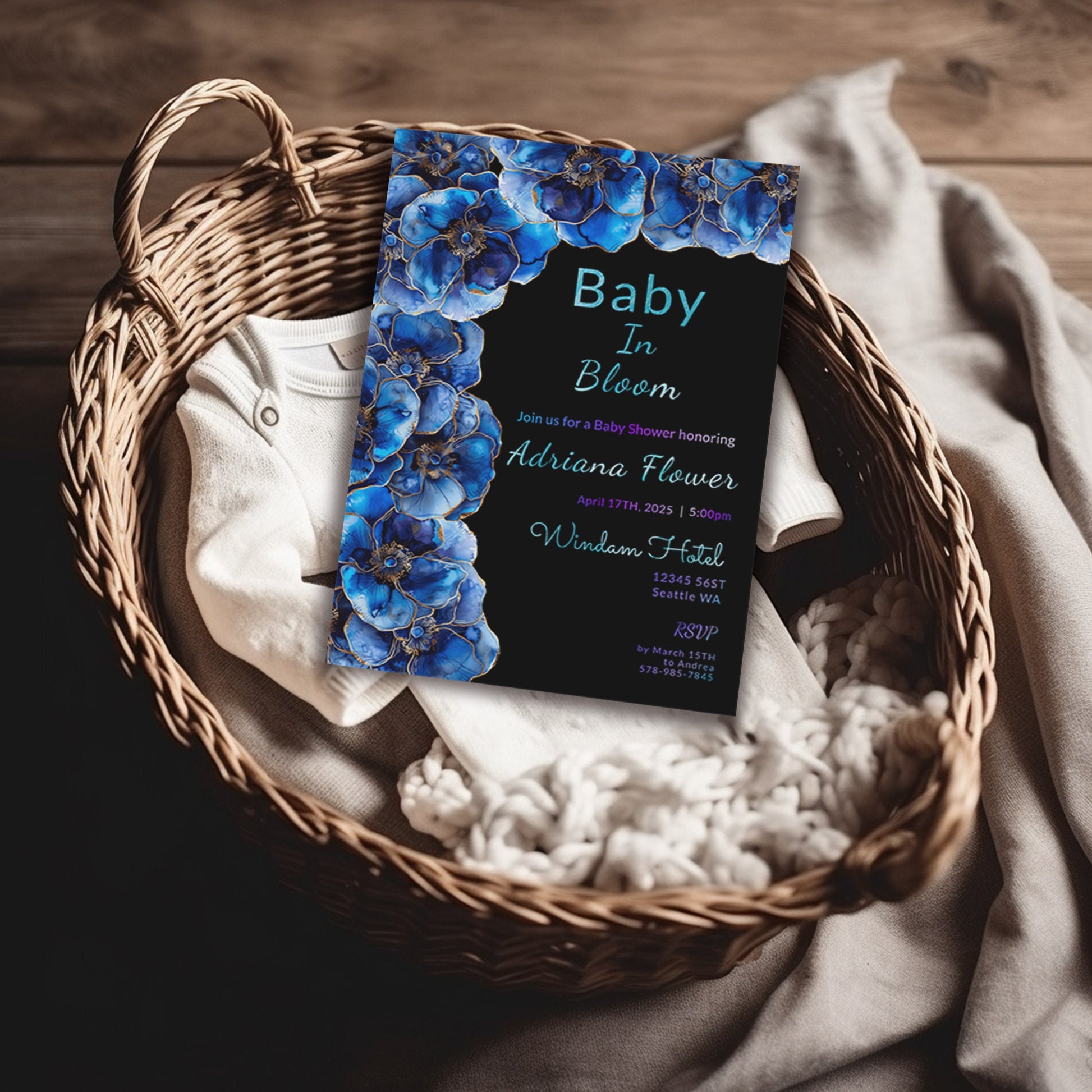 Blue Floral Baby Shower Invitation | Alcohol Ink Editable 5x7 Template | Baby in Bloom Digital Download