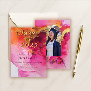Hot Pink Graduation Invitation | Editable 5x7 Template with Gold Foil & Photo Option