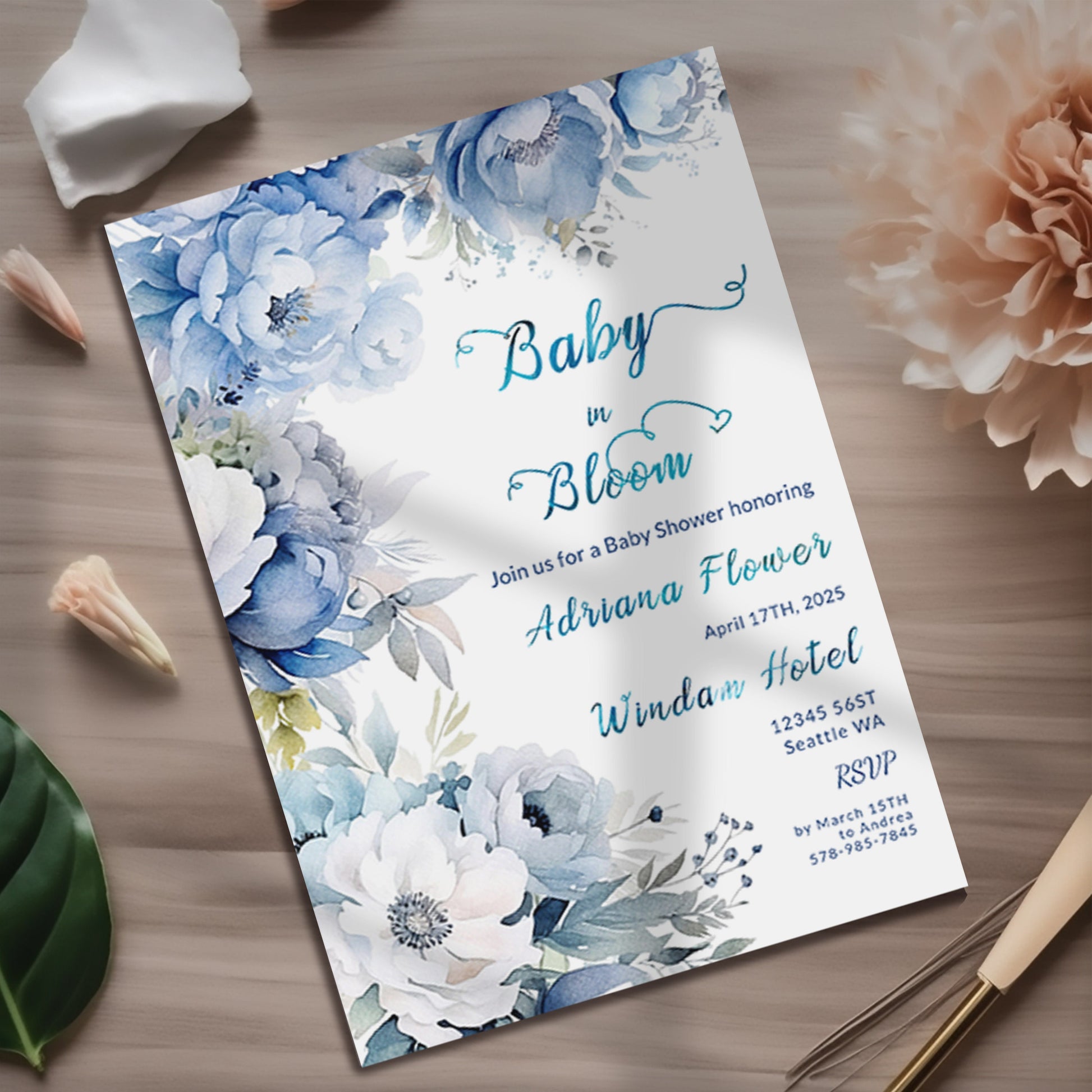 Dusty Blue Floral Baby Shower Invitation | Editable Template | Watercolor Digital Download
