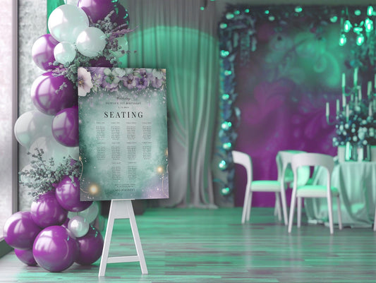 Whimsical Green & Purple Seating Chart – Watercolor Garden Sign Template