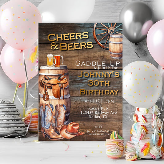 Western Invitation Adults-Cowboy Invite-Digital Download Printable Invite-Country -Editable Template-Cheers & Beers Birthday