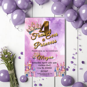 Princess 4th Birthday Invitation: Pink Purple Watercolor (5x7 Printable)