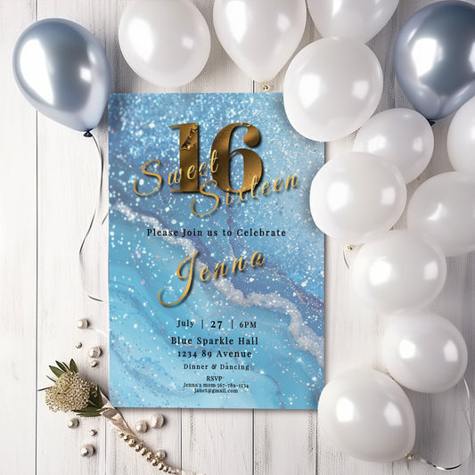 Sweet 16 Invitation Light Blue- blue and silver alcohol ink- Glitter-Editable template-Evite-Printable-Blue Sparkle-Blue Agate