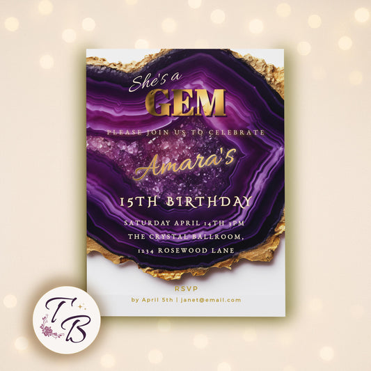 Amethyst Gemstone Invitation – Editable 5x7in Purple Party Invite with Geode Gold Foil