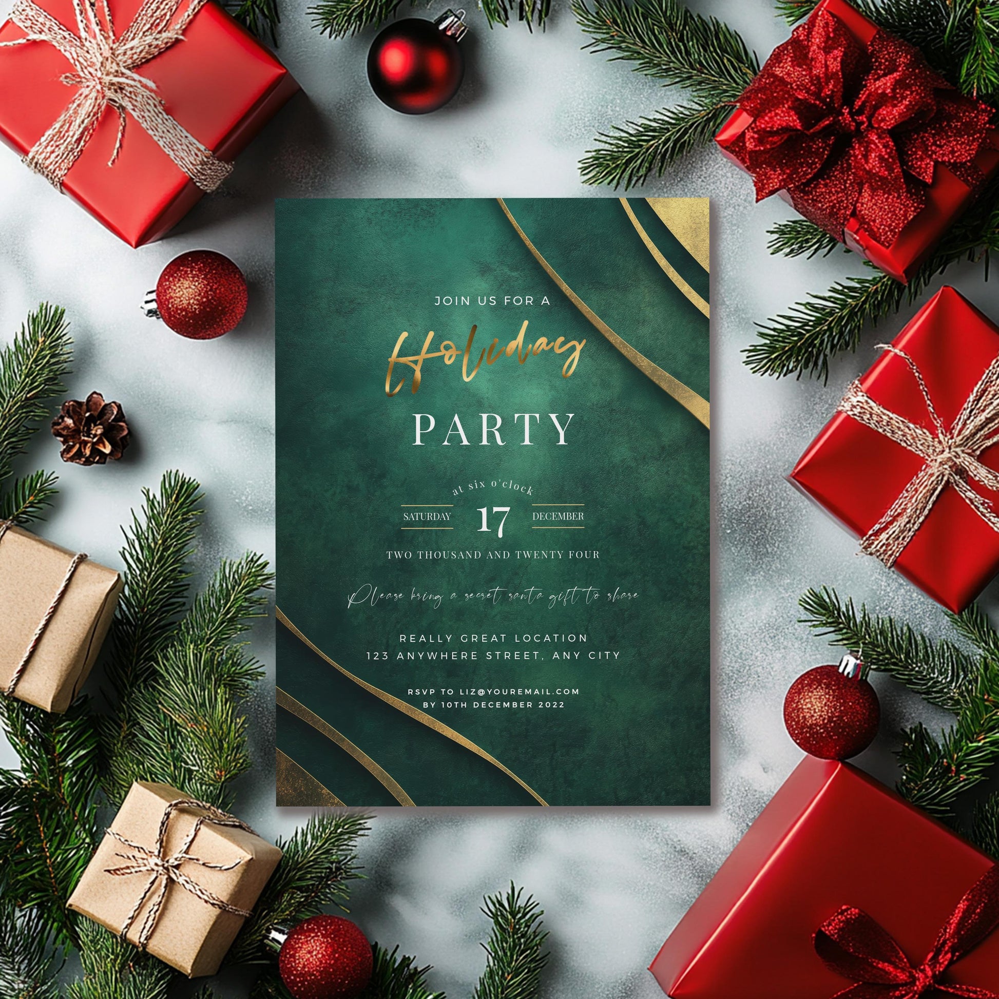 Emerald Green and Gold Christmas Holiday Party Invite 5x7 - Instant Download,  Formal party invitation