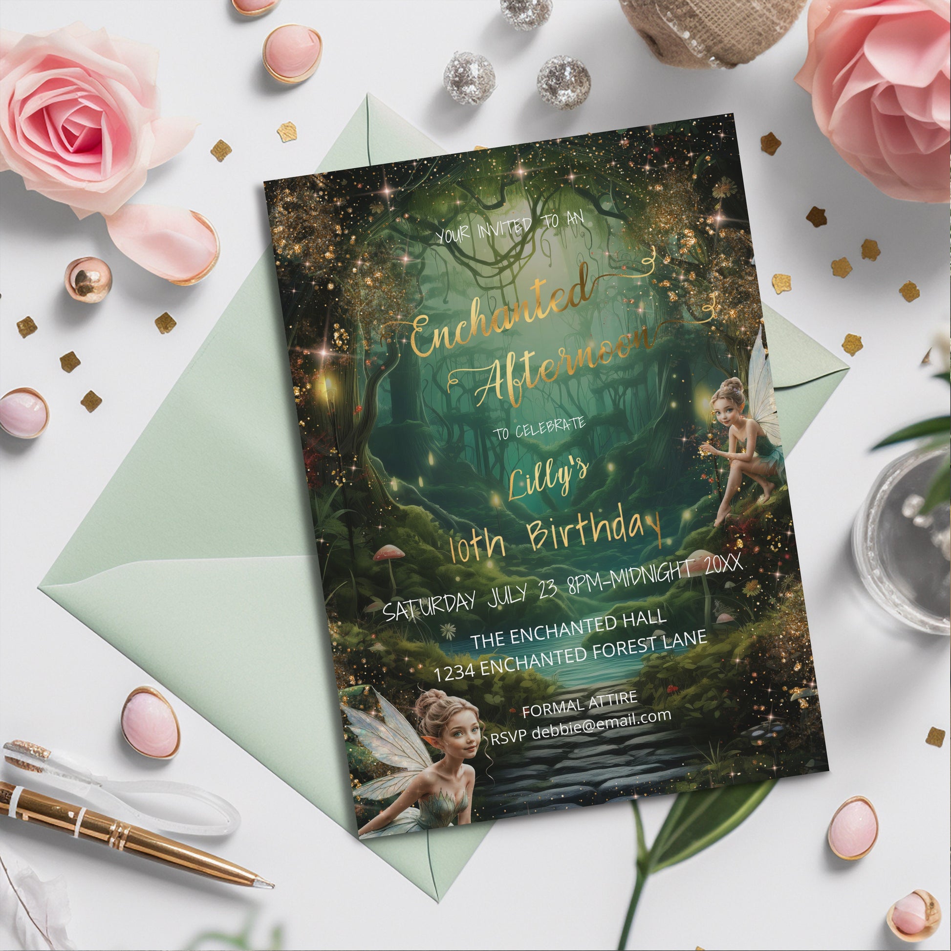 Emerald Green Enchanted Forest Birthday Invitation – Green & Gold Editable Template
