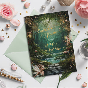 Emerald Green Enchanted Forest Birthday Invitation – Green & Gold Editable Template