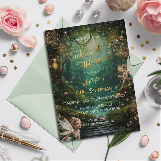 Emerald Green Enchanted Forest Birthday Invitation – Green & Gold Editable Template