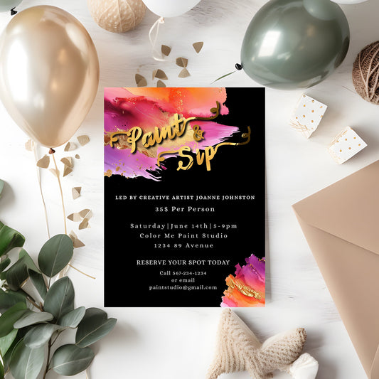 Elegant Paint & Sip Invitation | Gold Foil Editable Template | Art Party Digital Download
