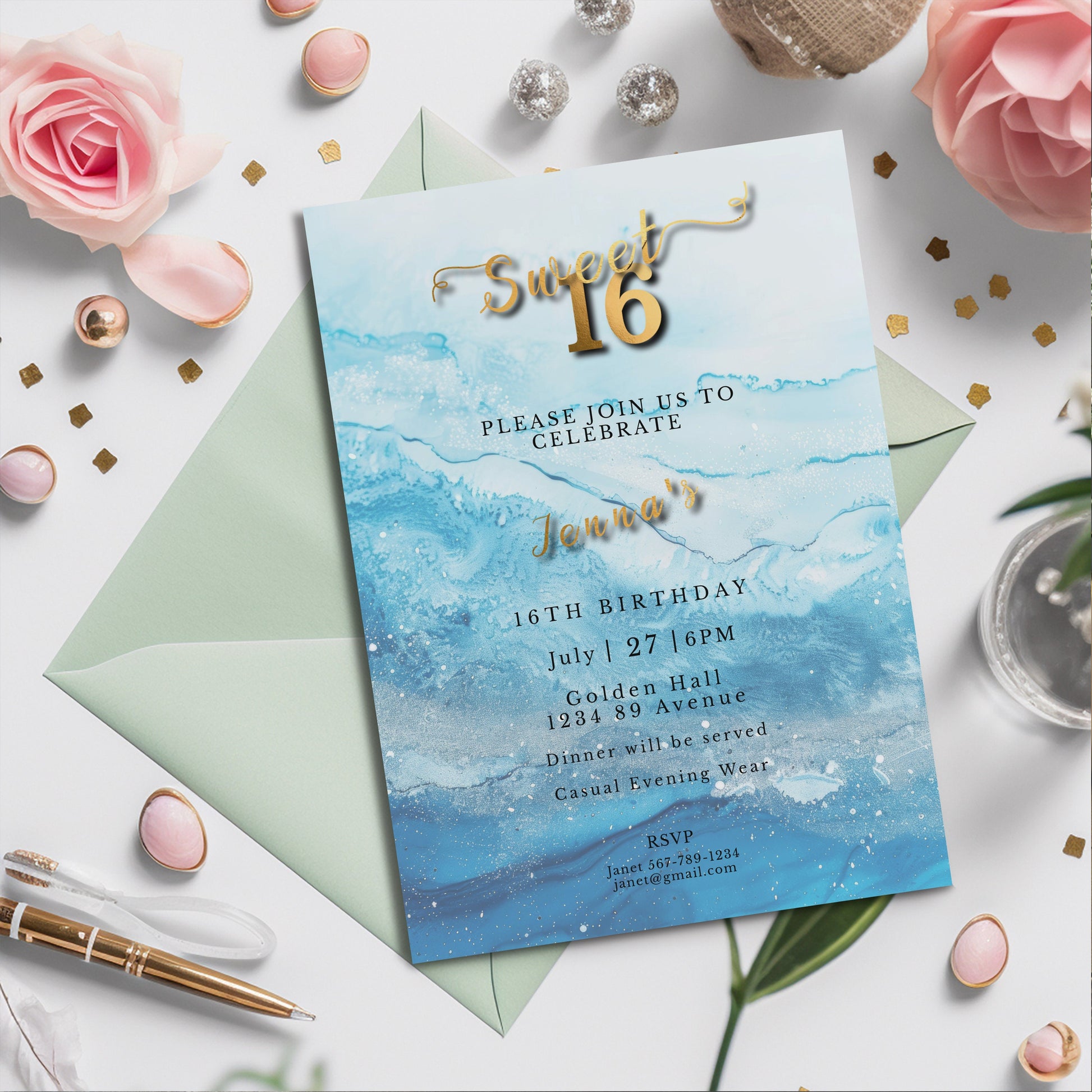 Sweet 16 Invitation Light Blue- blue and silver Glitter-Editable template-Evite-Printable-Blue Sparkles